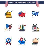 Usa Happy Independence DayPiktogrammsatz aus 9 einfachen, flach gefüllten Linien von Beutellichtballons Feuer Amerika-Flagge editierbare Usa-Tag-Vektordesign-Elemente vektor