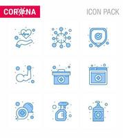 9 blaue Coronavirus-Epidemie-Icon-Pack saugen als Bodybuilding-Hand-Corona-Armsicherheit virales Coronavirus 2019nov-Krankheitsvektor-Designelemente vektor