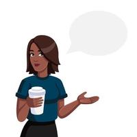 vektorflache illustration, charakter - afroamerikanisches, afrikanisches, schwarzes mädchen, das eine papiertasse kaffee in ihren händen hält. weiblich, karikatur, flach, vektor digitaler charakter mit sprechender blase.