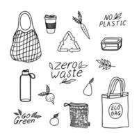 Doodle-Set von Zero-Waste-Konzept. handgezeichnete Vektorelemente für Ökologiedesign. vektor