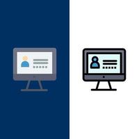 Computer-Internet-Sicherheitssymbole flach und Linie gefüllt Symbolsatz Vektor blauer Hintergrund