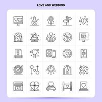 Umriss 25 Liebe und Hochzeit Symbolsatz Vektor Linienstil Design schwarze Symbole Set lineares Piktogrammpaket Web und mobile Geschäftsideen entwerfen Vektorillustration