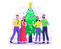 die leute feiern weihnachten und neujahr. zwei paare mann und frau mit champagner nahe einem weihnachtsbaum. vektorillustration im flachen stil vektor