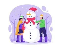 Fröhliche Jungen- und Mädchenkinder, die im Winter im Freien gemeinsam einen Schneemann bauen. Kinder bauen einen Schneemann. vektorillustration im flachen stil vektor