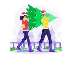 glückliches paar, das zusammen weihnachtsbaum trägt, der sich auf feierweihnachten und den winterurlaub des neuen jahres vorbereitet. vektorillustration im flachen stil