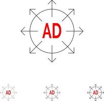 Werbeeinreichung Werbeeinreichung ad Fett und dünne schwarze Linie Symbolsatz vektor