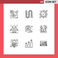Stock Vector Icon Pack mit 9 Zeilenzeichen und Symbolen für Antragsteller Gefahr Rohrkontamination Uhr editierbare Vektordesign-Elemente