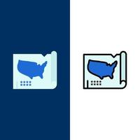 karte staaten vereinigt usa symbole flach und linie gefüllt symbol set vektor blauen hintergrund