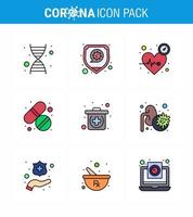 9 gefüllte Linie flache Farbe Coronavirus Krankheit und Prävention Vektor Icon Kit Pflege Herz Tablette Medizin virales Coronavirus 2019nov Krankheitsvektor Designelemente