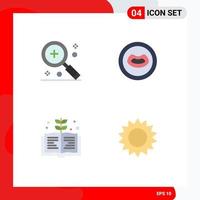 flaches Icon-Paket mit 4 universellen Symbolen zum Hinzufügen von bearbeitbaren Vektordesign-Elementen für Bildung, Lupe, Lippen, Kamille vektor