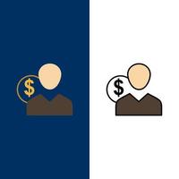 klient användare kostar anställd finansiera pengar person ikoner platt och linje fylld ikon uppsättning vektor blå bakgrund