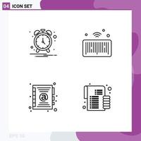 Linienpackung mit 4 universellen Symbolen für Alarmkontakt-Barcode-Dinge Münzen editierbare Vektordesign-Elemente vektor