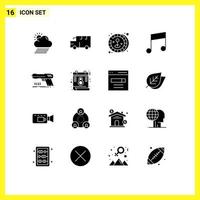 uppsättning av 16 modern ui ikoner symboler tecken för skytten handeldvapen mynt pistol musik redigerbar vektor design element
