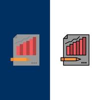 Statistiken Analyse Analytik Business Chart Graph Markt Symbole flach und Linie gefüllt Icon Set Vektor blauen Hintergrund