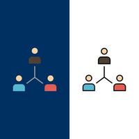 Struktur Unternehmen Zusammenarbeit Gruppe Hierarchie Menschen Team Symbole flach und Linie gefüllt Symbolsatz Vektor blauen Hintergrund