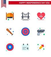 Stock Vektor Icon Pack von American Day 9 Zeilenzeichen und Symbolen für USA Fledermaus Stadtbild Baseball USA editierbare USA Tag Vektor Design Elemente