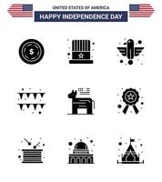 Stock Vector Icon Pack von American Day 9 Zeilenzeichen und Symbolen für politisches Esel-Tierpapierfestival editierbare usa-Tag-Vektordesign-Elemente