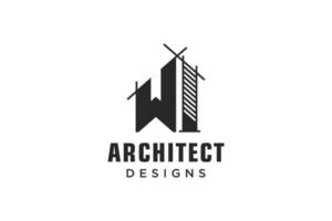 buchstabe w einfaches modernes gebäudearchitektur-logodesign mit strichzeichnungswolkenkratzergrafik vektor