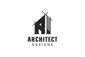 buchstabe r einfaches modernes gebäudearchitektur-logodesign mit strichzeichnungswolkenkratzergrafik vektor