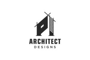 buchstabe p einfaches modernes gebäudearchitektur-logodesign mit strichzeichnungswolkenkratzergrafik vektor