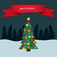 weihnachtsbaum mit bunten spielzeugen auf dem hintergrund des waldes und rotes band mit den aufschriften frohe weihnachten. Vektor-Illustration. vektor