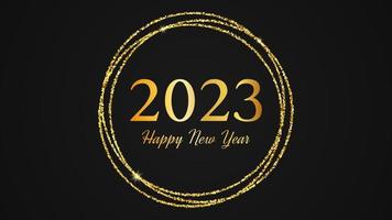 2023 Lycklig ny år bakgrund. guld inskrift i en guld glitter cirkel för jul Semester hälsning kort, flygblad eller affischer. vektor illustration
