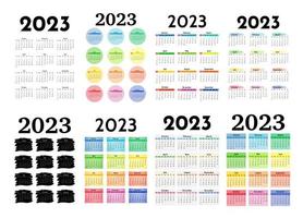 uppsättning av åtta vertikal kalendrar för 2023 isolerat på en vit bakgrund. söndag till måndag, företag mall. vektor illustration