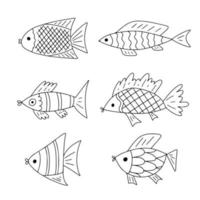 Fisch im handgezeichneten Doodle-Stil. sammlung von fischen, aquarientiervektorillustration für stoffmeerozeanthema schwarz weiß. vektor