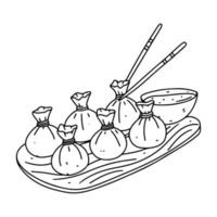 Dim Sum im handgezeichneten Doodle-Stil. Vektor-Illustration. chinesische Knödel mit Sauce auf Holztablett. vektor