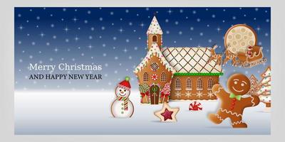 weihnachtsbanner mit lebkuchenmann und kirche. Weihnachtskarte mit Lebkuchenlandschaft vektor
