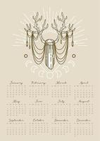magi kalender 2023. rådjur horn, kristall, Sol strålar, måne faser. årgång illustration i boho stil. halloween, trolldom, astrologi, mystik. 12 månader av 2023 vektor
