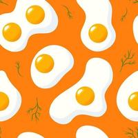frukost, friska mat illustration, friterad ägg på en ljus orange bakgrund. dill greener. sömlös mönster för tapet, utskrift på tyg, omslag, bakgrund. vektor