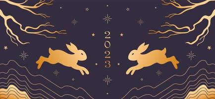 Kaninchen, Symbol des chinesischen Neujahrs 2023. Helles Vektor-Vintage-Banner mit goldenem Muster, asiatischer Stil. Äste, Berge, Sternenhimmel. für Poster, Banner, Flyer, Werbung vektor