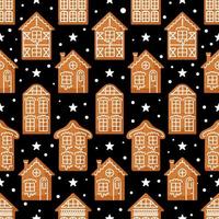 pepparkaka. europeisk stil hus, dekorerad med glasyr. natt himmel, stjärnor, snö. sömlös mönster med traditionell Semester småkakor. för tapet, utskrift på tyg, omslag vektor