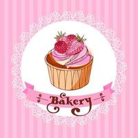 Erdbeer-Himbeer-Cupcake auf einer Spitzen-Serviette auf einem gestreiften Hintergrund. vorlage für eine bäckerei vintage illustration im skizzenstil in rosa farben. für Speisekarte, Konditorei, Einladung, Postkarte, Poster. vektor