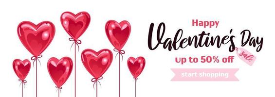 horizontales banner für den valentinstag. glänzende realistische Ballons in Form eines Herzens. auf weißem Hintergrund. für werbebanner, website, verkaufsflyer vektor