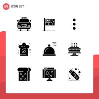 Piktogrammsatz von 9 einfachen soliden Glyphen von Geburtstagsgericht Telefon Essen Hut editierbare Vektordesign-Elemente vektor