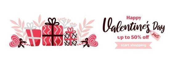 glücklicher valentinstag verkauf. helles horizontales banner im cartoon-stil, rosa - grautöne. Lutscher, Herzen, Geschenke, Blätter. für werbebanner, poster, flyer. vektor