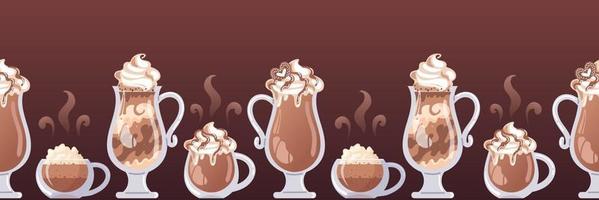 horisontell gräns med annorlunda typer av kaffe. cappuccino, latte, glas och mocka. varm choklad i en glas, vispad grädde, realistisk stil. vektor mat illustration för meny, Kafé, klistermärke