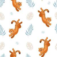 helles sommerliches tropisches nahtloses muster. niedlicher tiger, palmblätter kindervektorillustration cartoon-stil. für Kinderzimmer, Poster, Drucke auf Stoff. Internationaler Tag des Tigers. chinesisches neujahr 2022. vektor