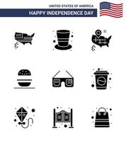 uppsättning av 9 USA dag ikoner amerikan symboler oberoende dag tecken för amerikansk solglasögon plats USA äta redigerbar USA dag vektor design element