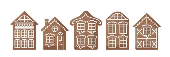 Reihe von Lebkuchenhäusern im europäischen Stil. appetitliche traditionelle Weihnachtskekse, dekoriert mit Zuckerguss. lebensmittelillustration für aufkleber, poster, postkarten, designelemente vektor
