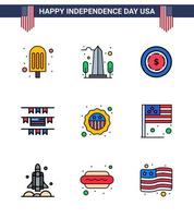 USA Lycklig oberoende dag piktogram uppsättning av 9 enkel platt fylld rader av flagga säkerhet amerikan amerikan fest dekoration redigerbar USA dag vektor design element