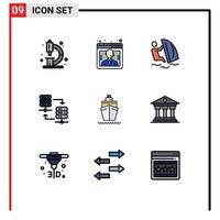 Stock Vector Icon Pack mit 9 Zeilenzeichen und Symbolen für Share-Server-Hosting-Support-Server Wind editierbare Vektordesign-Elemente