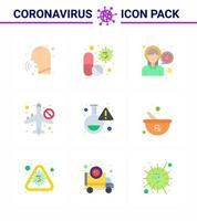 Corona-Virus-Prävention covid19-Tipps zur Vermeidung von Verletzungen 9 flaches Farbsymbol für die Präsentation Reisevirus-Infektion medizinische kranke Kopfschmerzen virales Coronavirus 2019nov-Krankheitsvektor-Designelemente vektor