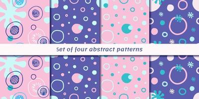 uppsättning av 4 sömlös abstrakt mönster. vektor illustration av bubblor, fläckar och prickar på blå och rosa bakgrund. Bra för tyg, tapet, omslag och Övrig bakgrunder
