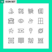Mobile Interface Outline Set von 16 Piktogrammen von Tütenpapier Grafik Versicherungszeichen editierbare Vektordesign-Elemente vektor