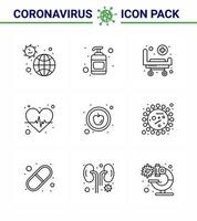 Roman Coronavirus 2019ncov 9-Zeilen-Icon-Pack Lebensmittel Herzpflege Struktur Pulsschlag Virus-Coronavirus 2019nov-Krankheitsvektor-Designelemente vektor