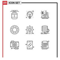 9 thematische Vektorumrisse und bearbeitbare Symbole für bearbeitbare Vektordesign-Elemente für Ausrüstung, Lebensmittel, Donut, Geld vektor