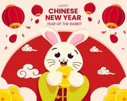 platt Lycklig kinesisk ny år 2023, kanin och mynt med traditionell abstrakt prydnad Begagnade för mall, baner, bakgrund och hälsning kort. vektor